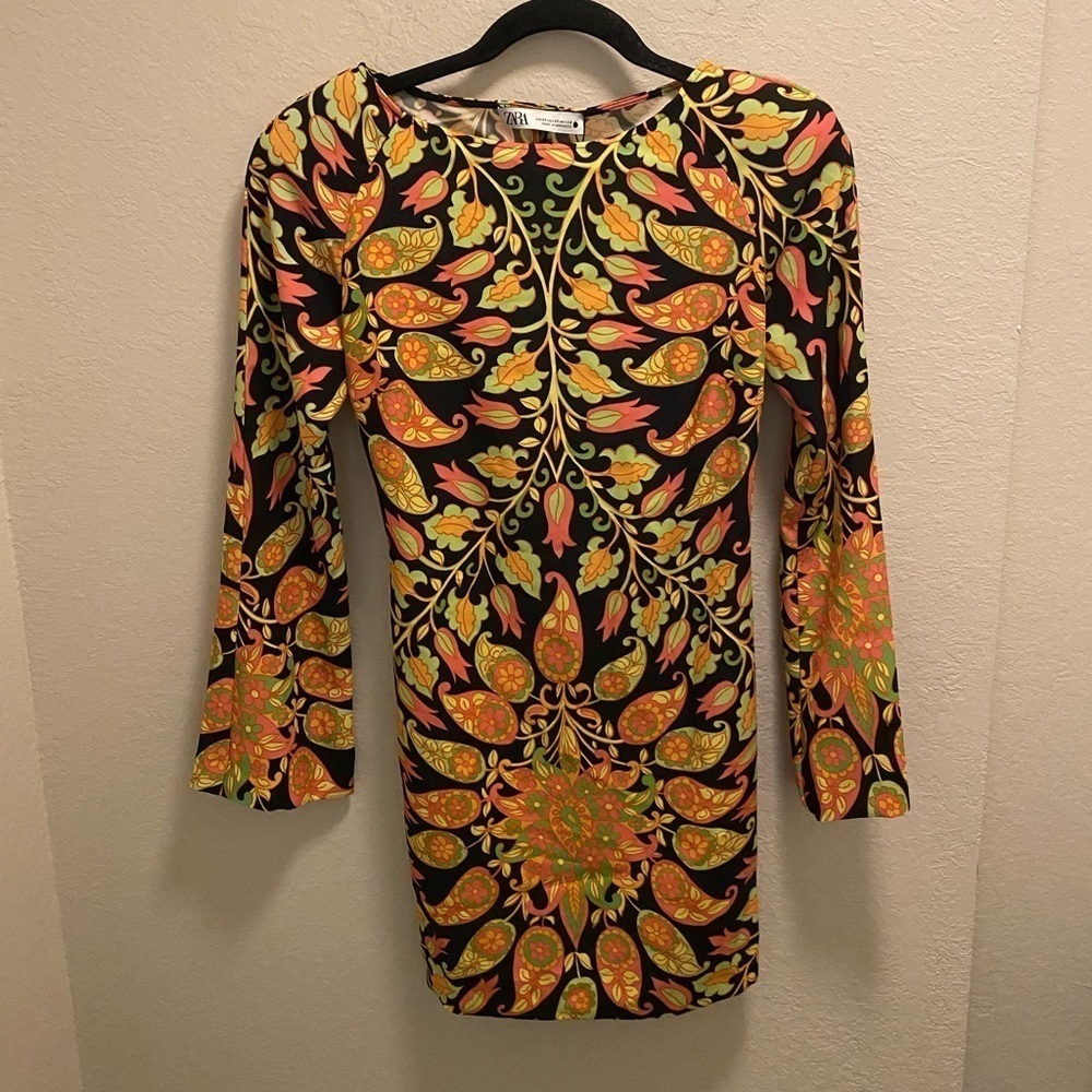 Zara Retro Paisley Open Back Long Sleeve Mini Dress